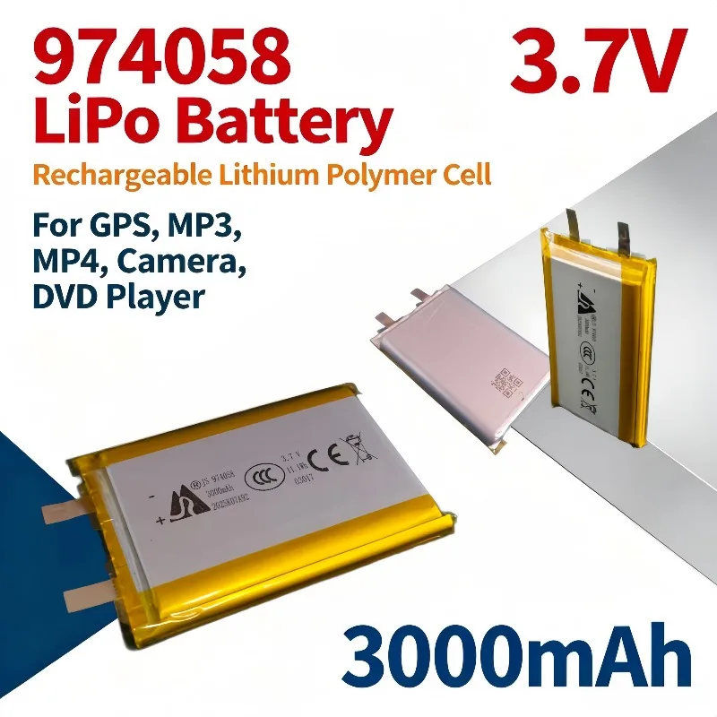 3.7V 3000mAh 974058 Lithium Polymer Rechargeable Battery for MP3 MP4 Camera GPS Devices