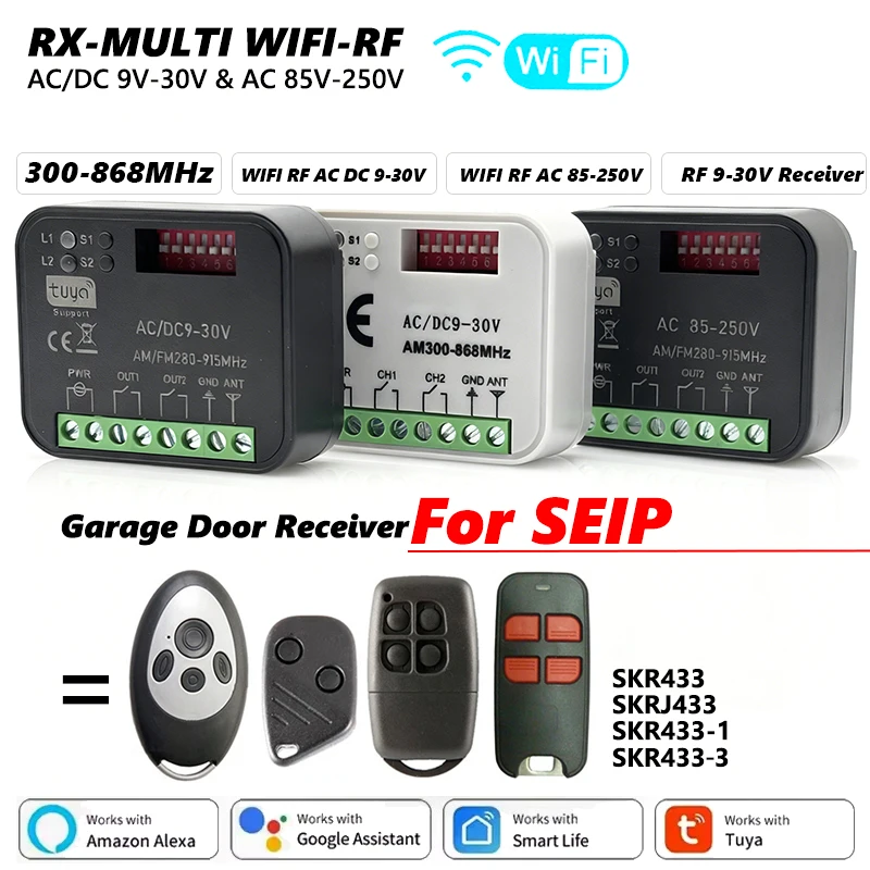 

300-868MHz Universal RX MULTI Tuya 2CH Garage Door Receiver For SEIP SKR433 SKRJ433 SKR433-1 SKR433-3 Garage Door Remote Control