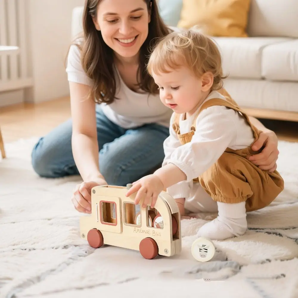 

Wooden Material Wooden Bus Toy Cylinder Blocks Animal Figures Hand-pushed Car Fine Motor Skills Hand-eye Coordination