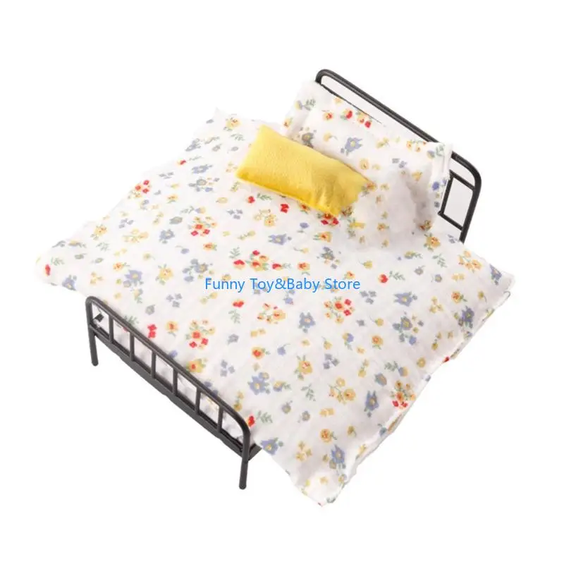 

Doll House Bed and Bedding Iron Frame Bed With Rural Styles Quilt And Pillow 1/12 Miniature Furniture Scene Collection C90B