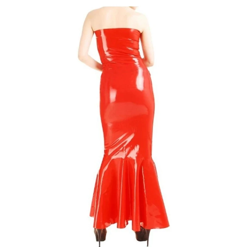 Sleeveless Red Sexy Long Fishtail Latex Dress Rubber Bodycon Playsuit Frills at Bottom Plus Size