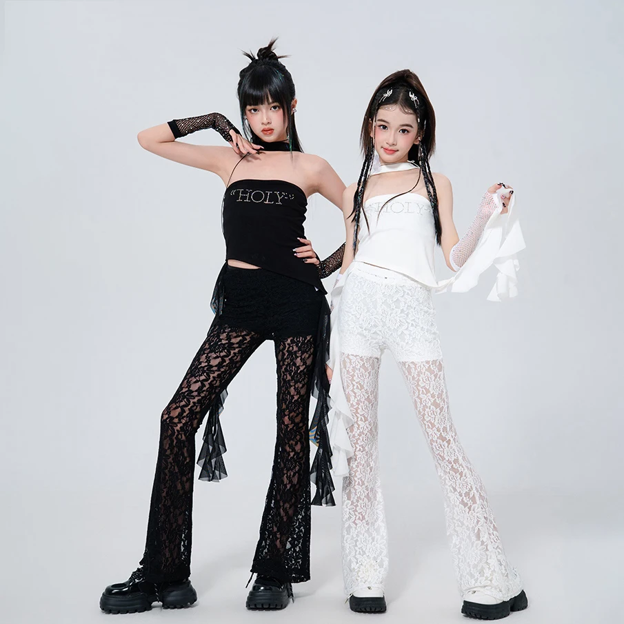 

2025 современные джазовые танцевальные костюмы для девочек, жилет, кружевные брюки, модная детская одежда в стиле хип-хоп для танцев, сценическая одежда DQS19478