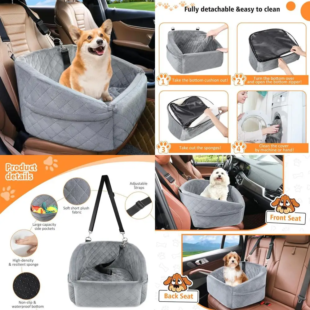 

Portable Washable Dog Booster Seat for Small to Medium Dogs Under 30lbs with Storage Pockets and Safety Belt (Grey)