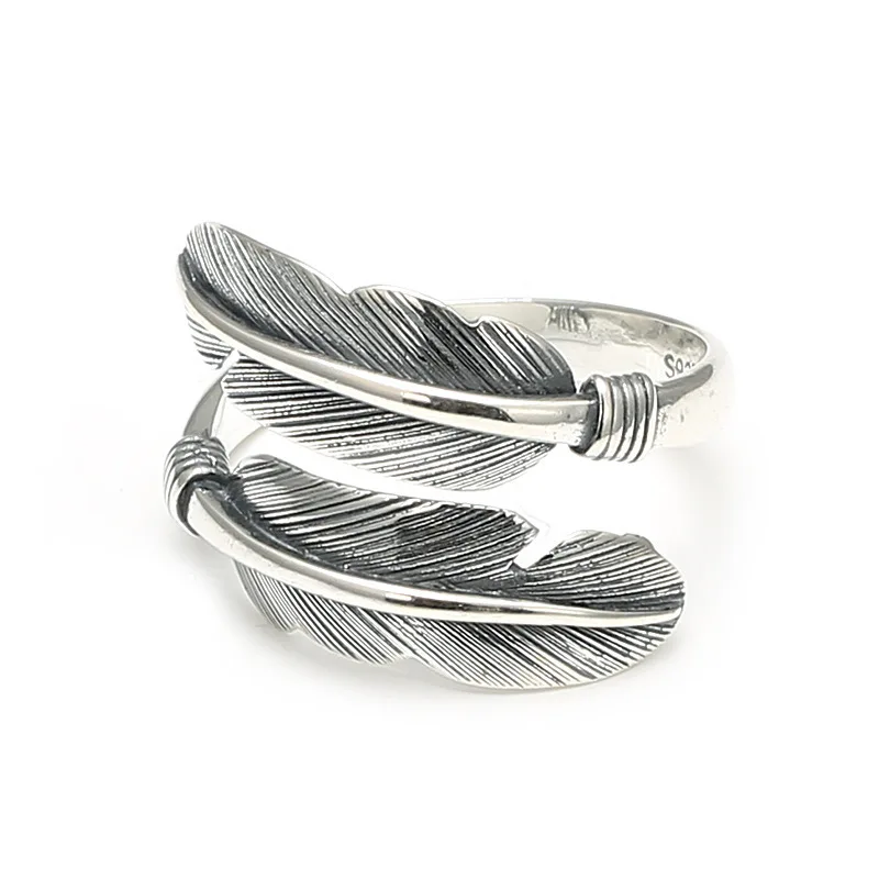 Anillo abierto de plumas personalizado retro de plata de ley s925, moda exótica india, estilo europeo y americano