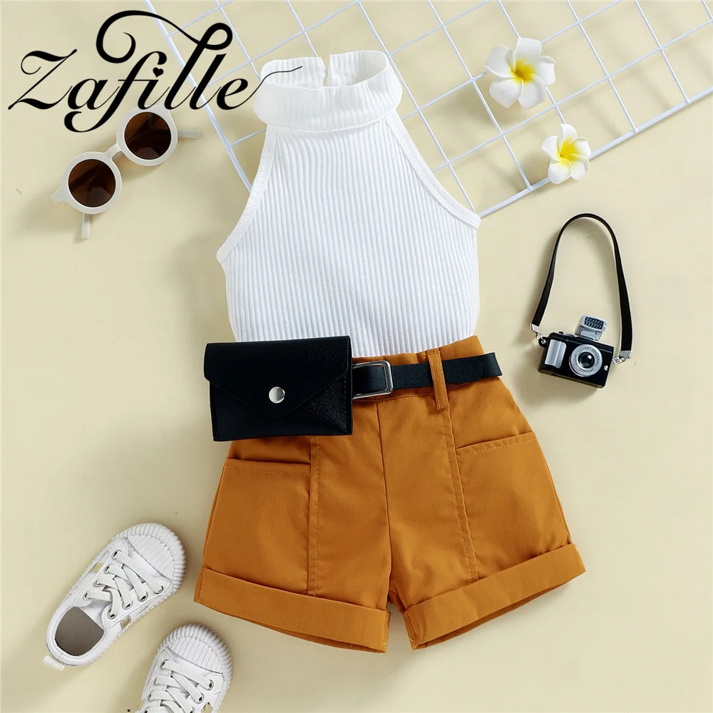 

ZAFILLE Toddler Girls Clothes Set Halterneck Top+Shorts Belt Bag Summer Kids Girls Clothing Fashionable Children Outfits 3Pcs