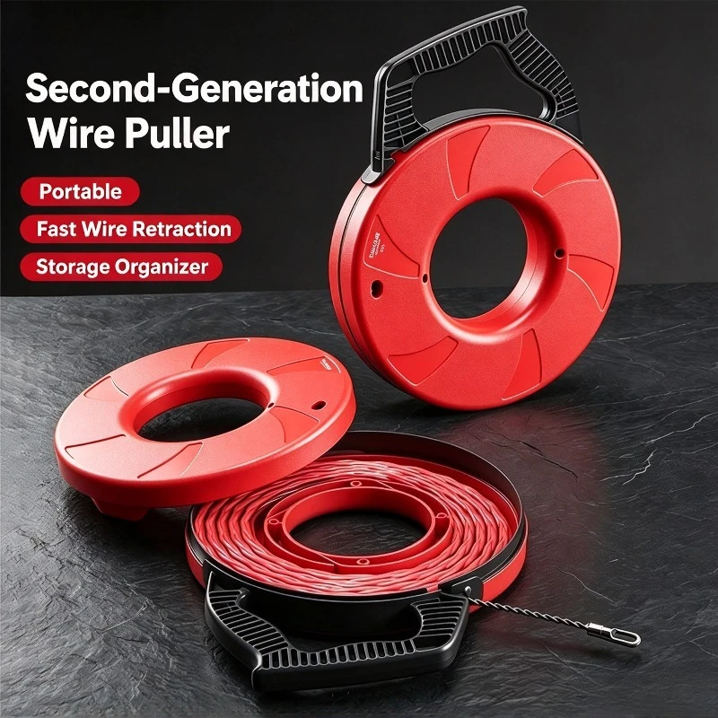 Wire Fish Tape Threader 20m Flat Head with Payout Winder and Cable Binders for Electrician Conduit Wall Duct Wire Pulling Kit