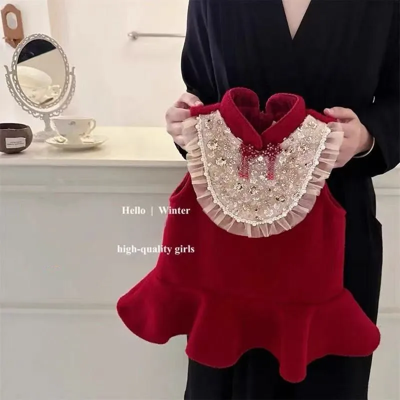 

Girls New Year's Dress Vest Dress 2026 New Autumn and Winter Children's Velvet Red Chinese Style Cheongsam Dress