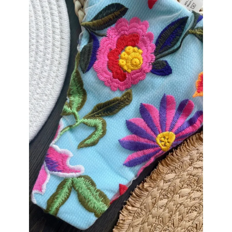 2025 Hot Style Mesh Multicolor Embroidered Fabric Flash Bikini Suit Lace Up European and American Fashion