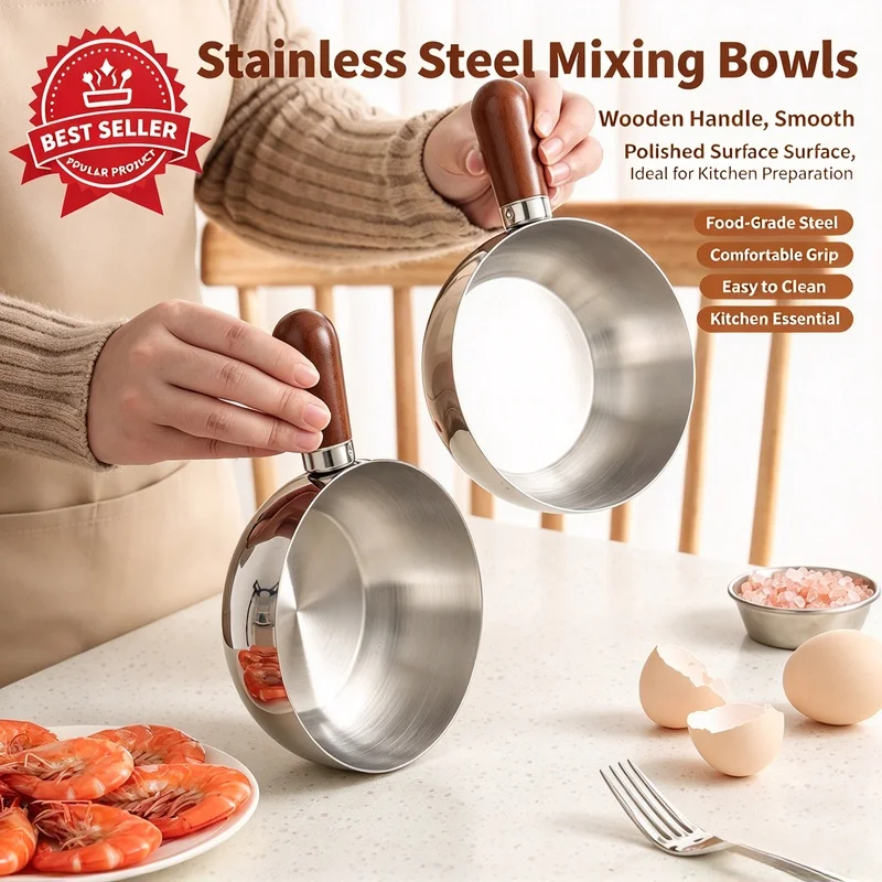 Stainless Steel Small Saucepan, Non-Slip Base Milk Pot with Wooden Handle, Suitable for Induction Cooker