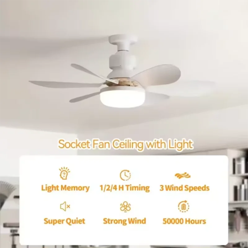 2026 New E26/E27 Screw Mount Fan Light, 20.5in LED Socket Ceiling Fan with Remote for Small Room Closet