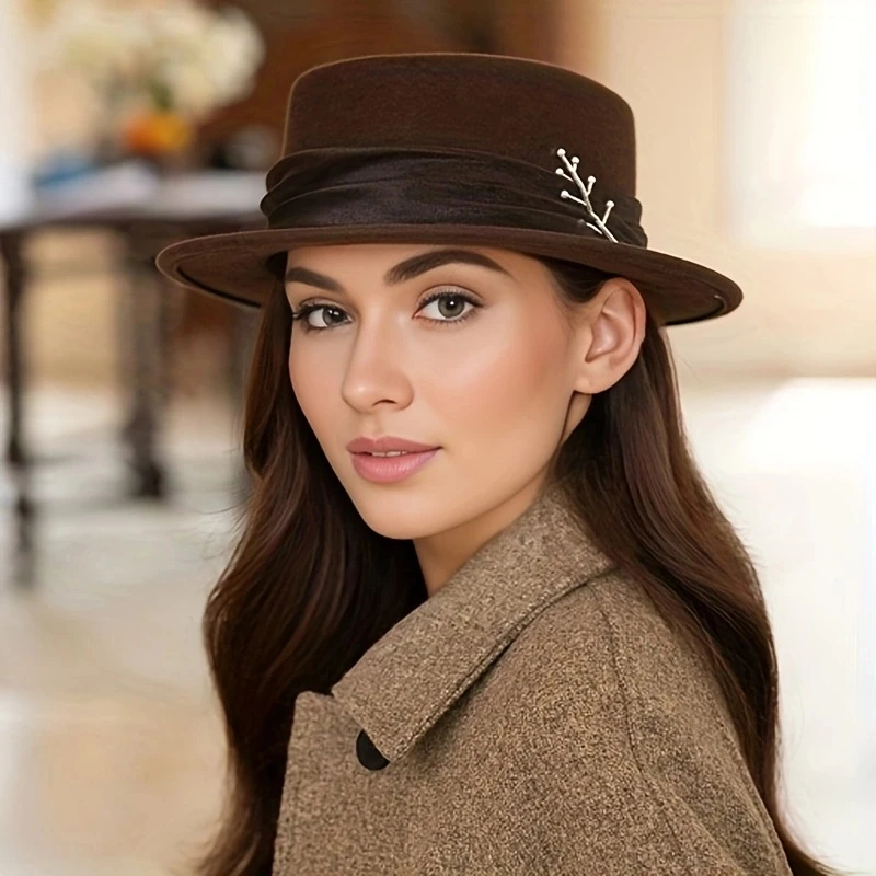 

Ribbon Wool Fedoras Hat Elegant Flat Brim Jazz Felt Hats Classic Breathable Top Hat For Women Men Autumn & Winter