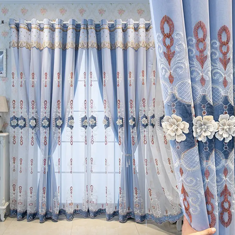 Luxury European Double Layer Curtain with Embroidered Tulle Sheer Blackout Fabric for Living Room Bedroom Window Decor