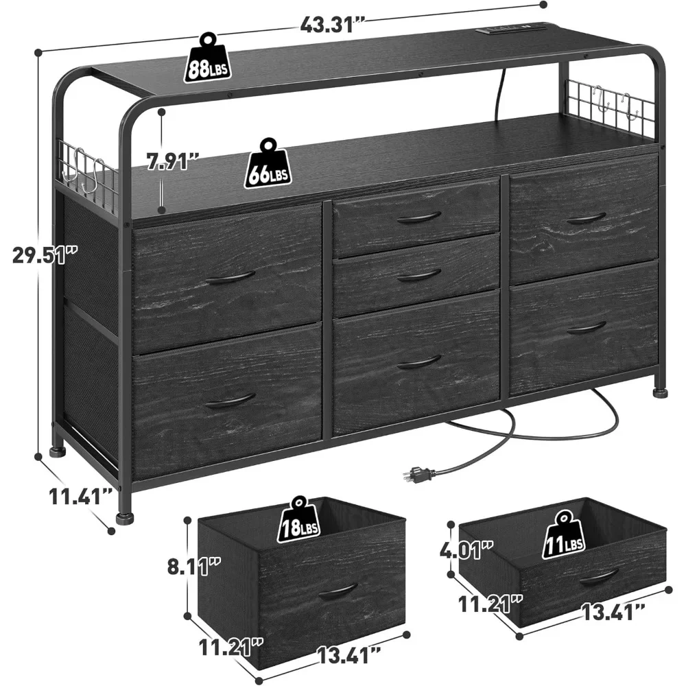 TV Stand Dresser with LED Light & Power Outlet &7 Fabric Drawer Entertainment Center with Open Shelf and 4 Hook Dresser TV Stand