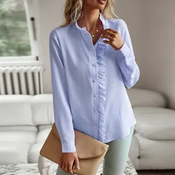 Fashion Ruffles Stripe Women Shirt Long Sleeve Elegant Office Blouse White Top Spring Summer Causal Solid Simple Shirts Tops