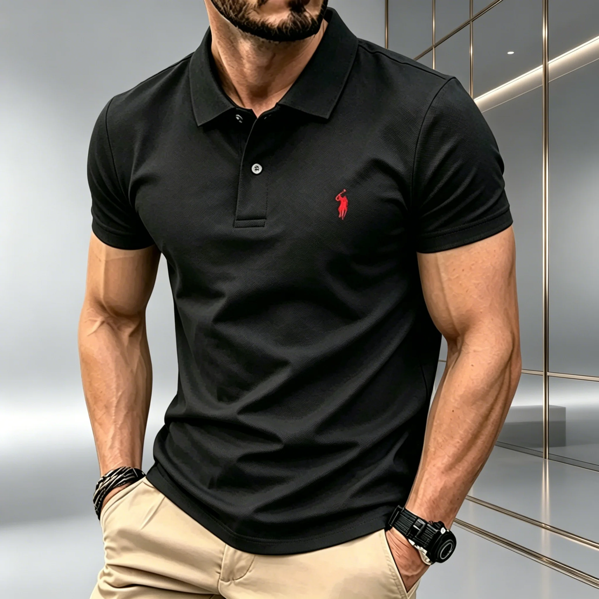 Men Solid Color Polo Shirt Regular Fit Business Casual Short Sleeve Tops With Small Horse Embroidery Chest Print image 2