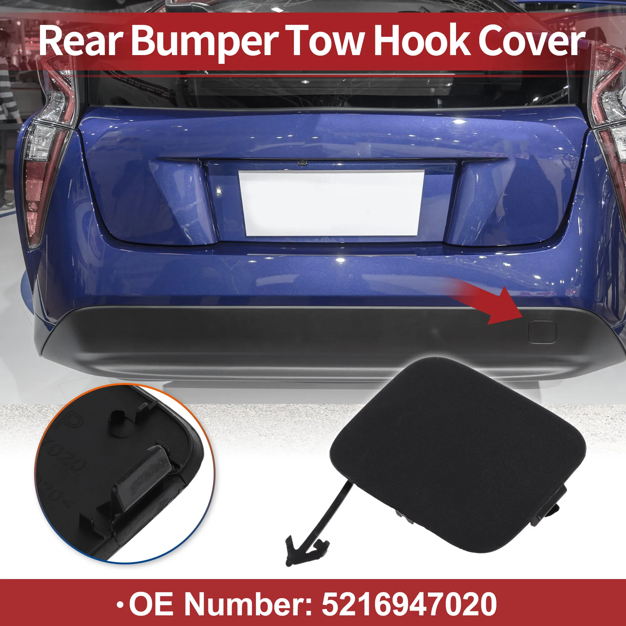 UXCELL Rear Car Tow Hook Cover Cap for Toyota Prius 2016-2018 No.5216947020 Black 1 Pc