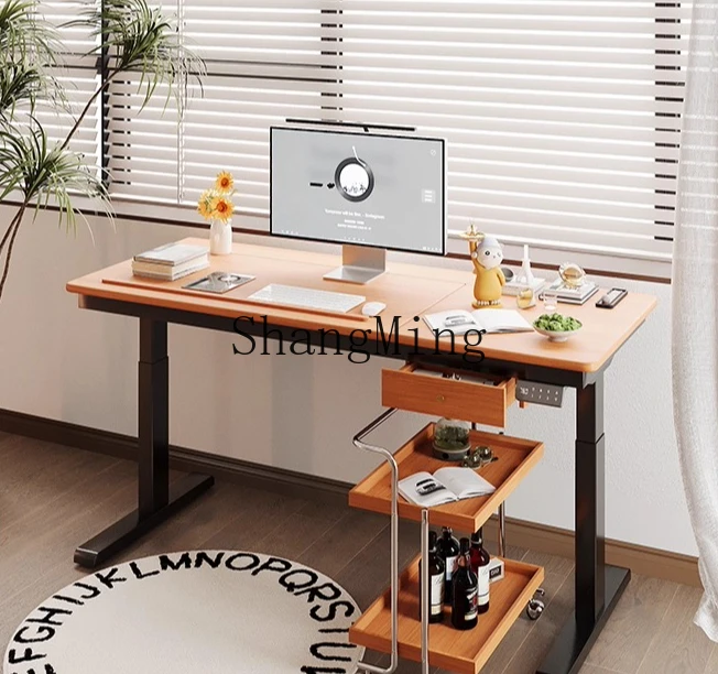FG new modelSolid Wood Electric Height Adjustable Desk Cherry Wood with Drawer Small Apartment Study Desk Office Computer Desk