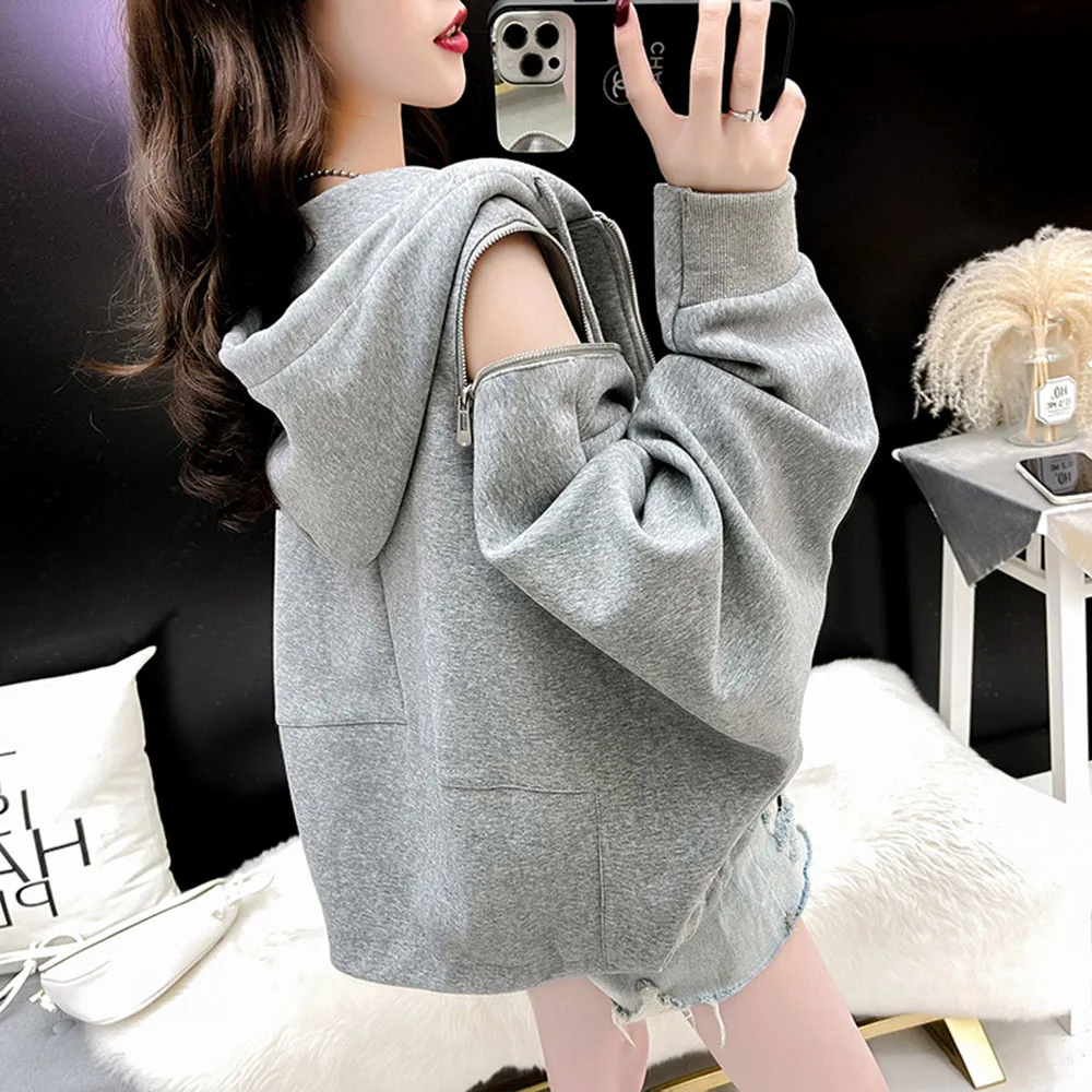 

Korean Women Hoodie Coats Short Loose Zipper Sweatshirts Jacket Casual Female Tops Womens Autumn Hollow-out Off Shoulder Hoodeds