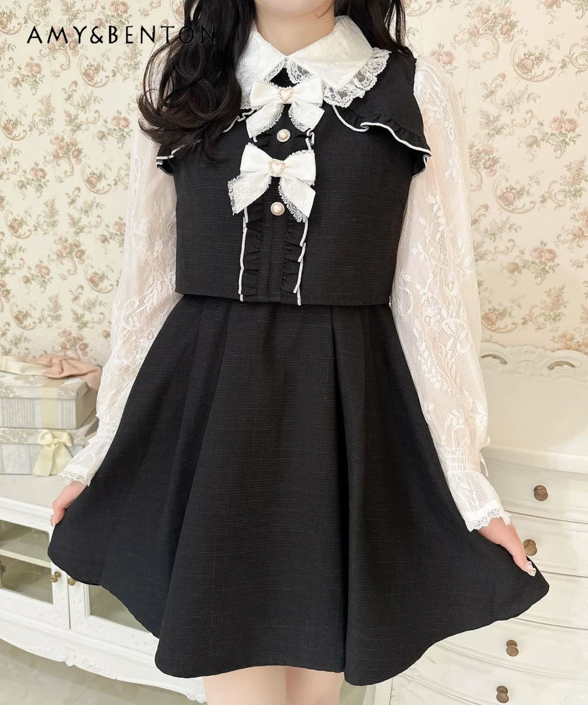 

Japanese Style Sweet Lolita Dress for Women Cute Bow Rhinestone Mine RJ New Dresses Kawaii Lace Long Sleeve Slim Mini Dresses