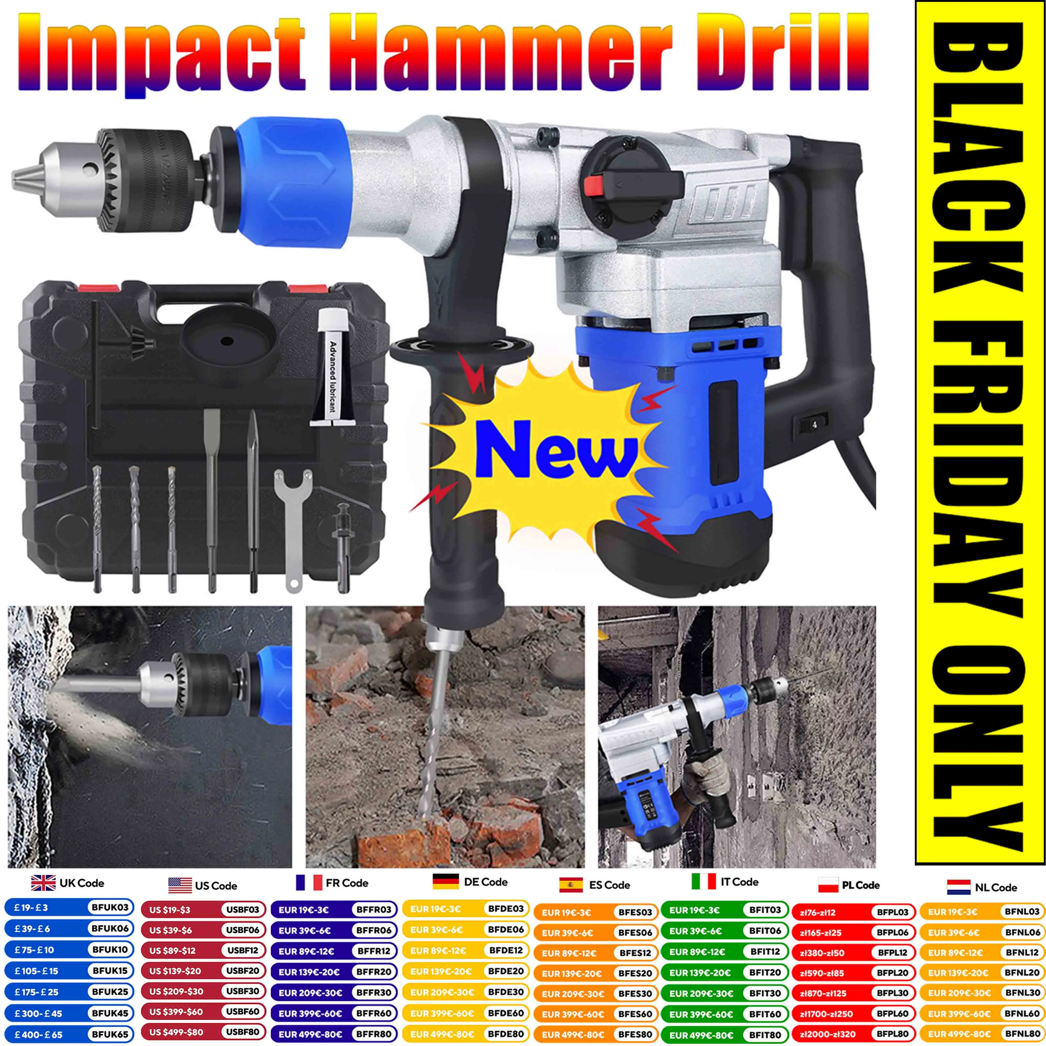 Electric Demolition Impact Rotary Hammer Breaker Drill 1500W Concrete Hammer Power Tool 4 Function Drilling SDS Plus 6 Speeds