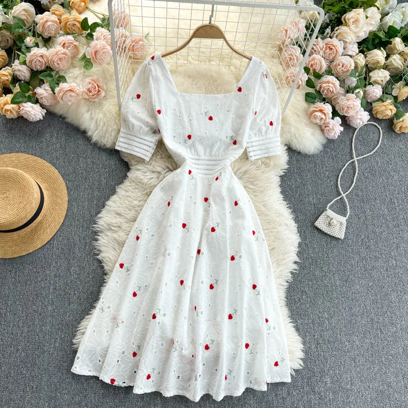 

White Embroidery Floral Jacquard Puff Sleeve Party Dress Women 2021 Elegant Ladies Square Neck Slim Lace Hollow Out Full Dress