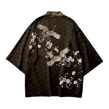 Aesthetic Oriental Yukata Kimono White Plum & Crane Art Print 1/2 Sleeve Lightweight Beach Cover Up Unisex Japanese Kimono