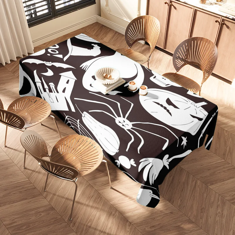Black White Halloween Print Tablecloth for Kitchen Dining Room Decoration with Spoon Plates Glasses Set 128x70cm