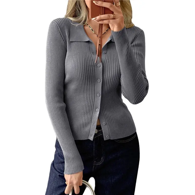 ABKP-여성용 긴 소매 버튼 다운 리브드 니트 가디건 셔츠 캐주얼 슬림 핏 칼라 스웨터 탑