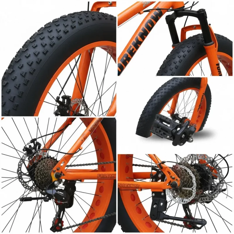 Orange 24' Variable Speed Off-Road Mountain Bike for Adults with Shock Absorption And Ultra-Wide 4.0 Tires Beach And Snow