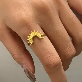 YHTOT Minimalistisk 3st Rostfritt Stål Solid Guldfärg Opal Sunburst Ring Set Sundrop Zircon Stapelbar Ring Damsmycken Gåva 6 best sales Sunburst ring - №1