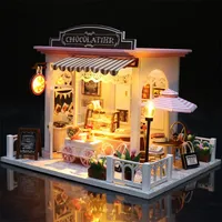 Chocolate Shop Doll House Coffee Store Casa DIY Miniature Wooden Dollhouse Kit With Furniture Toys for Friends Birthday Gifts