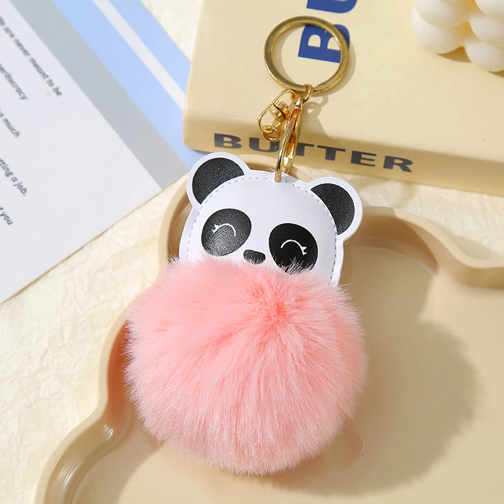 

Cute Cartoon Leather Panda Key Chain Soft Faux Rabbit Fur Pompom Key Rings Women Girl Plush Pendant Handbag Decor Birthday Gifts