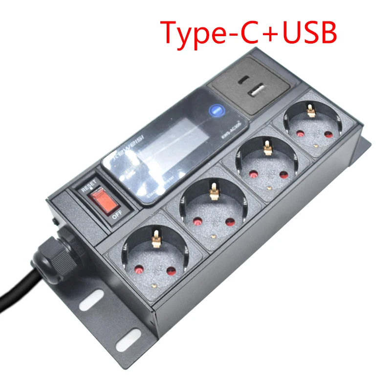 Desktop Power Strip Distribution Unit Digital ammeter/voltmeter/power tester with Switch Type-C+USB 4Ways EU Socket 2m Cord