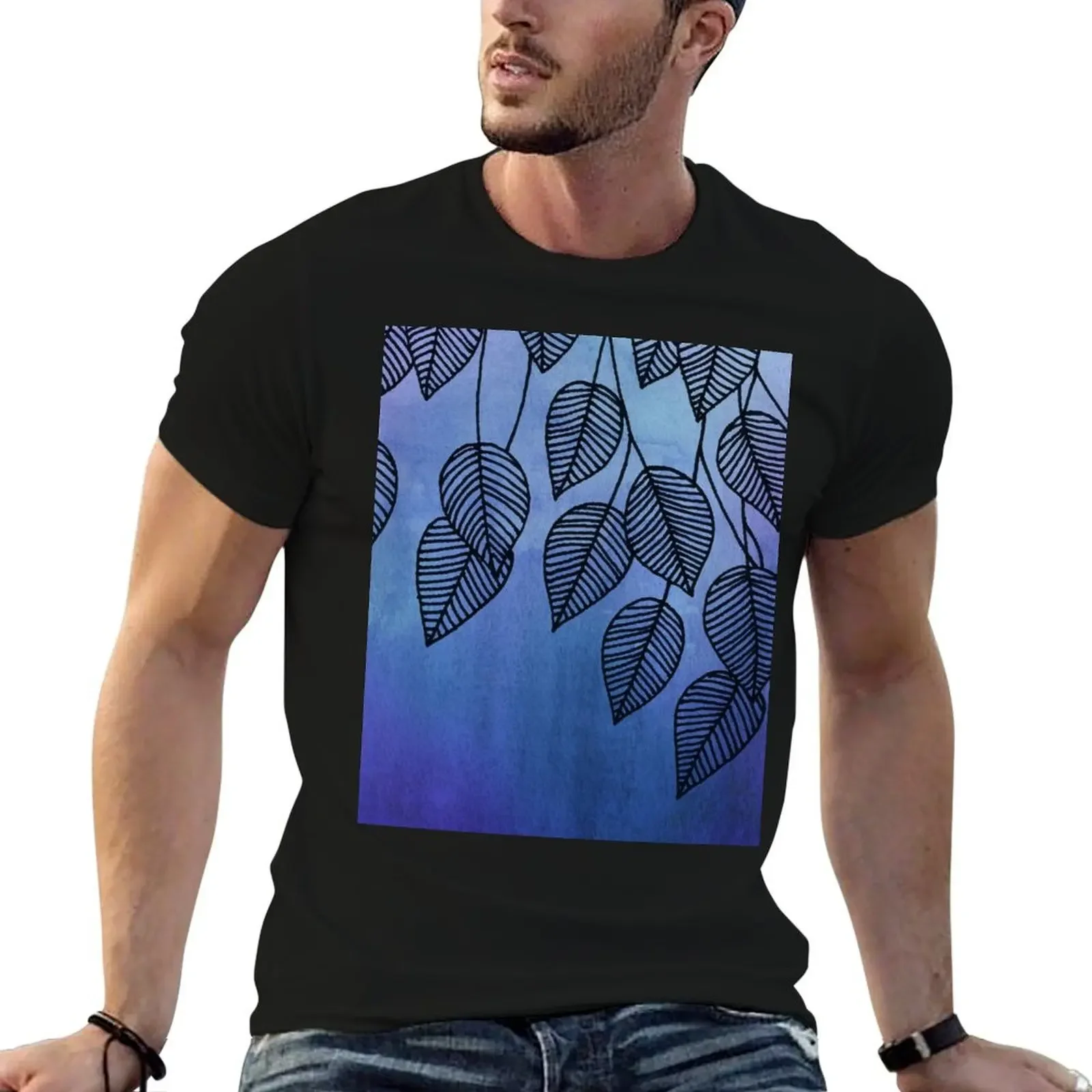 

Midnight Blue Garden - watercolor & ink leaves T-Shirt vintage graphic tee for a boy cute tops summer top Men's t-shirt