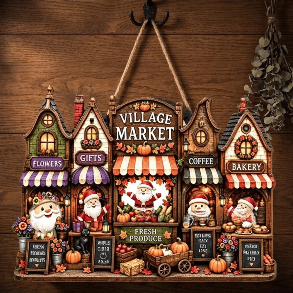 2D Flat Print Christmas Wooden Decoration Sign Santa Claus Snowman Xmas Ornaments Rustic Style Cottage Shape Doorplate Christmas