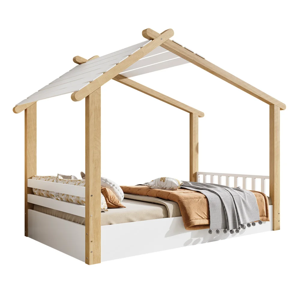 PINGGO Weißes Naturholz-Einzelbett 90x200cm Hausdesign Lattenrost Kiefer+Spanplatte+MDF Ohne Matratze – Detail 11