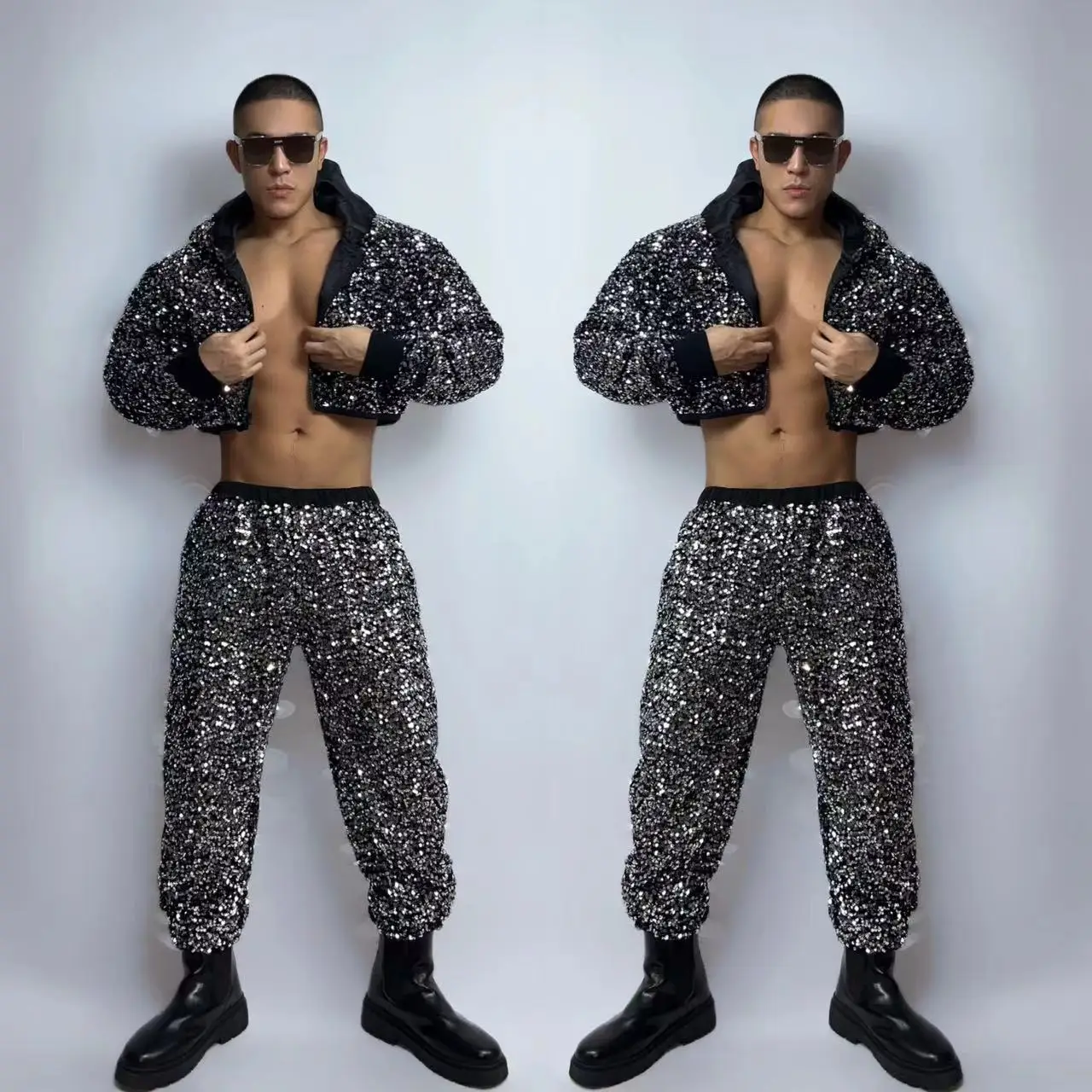 Nightclub Bar Male Women Gogo Singer Dancer Stage Performance Clothes Sequins Hooded Jacket Pants 2 Piece Hip Hop Dance Costume