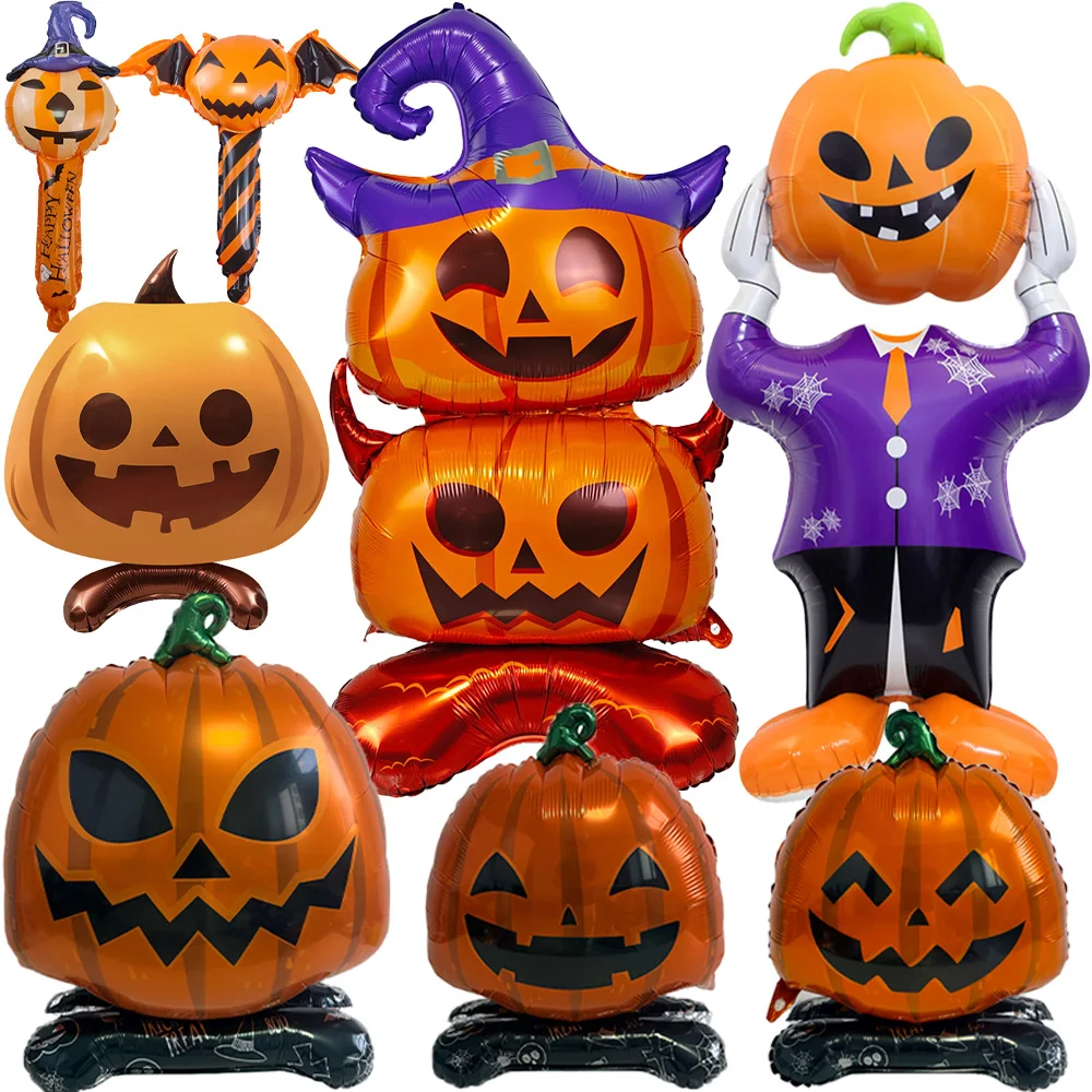 Halloween Stehende Kürbis-Folienballons mit Selbststehender Basis, Lächelnder Kürbismann-Ballon, Halloween-Party-Dekoration für Haus und Garten
