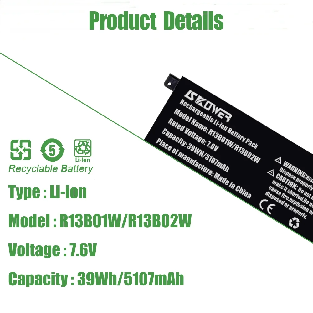 SKOWER R13B01W Laptop Battery For XiaoMi MI Air 13.3 inch 161301 TM1613 1604 1703 Fit R13B02W