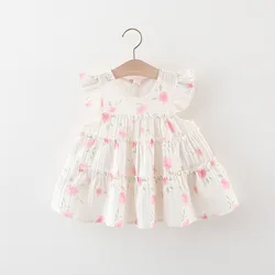 (0-3 Years Old) Summer Baby Girl Cotton Full Of Small Flowers Flying Sleeve Dress, Cute Princess Dress For Girls