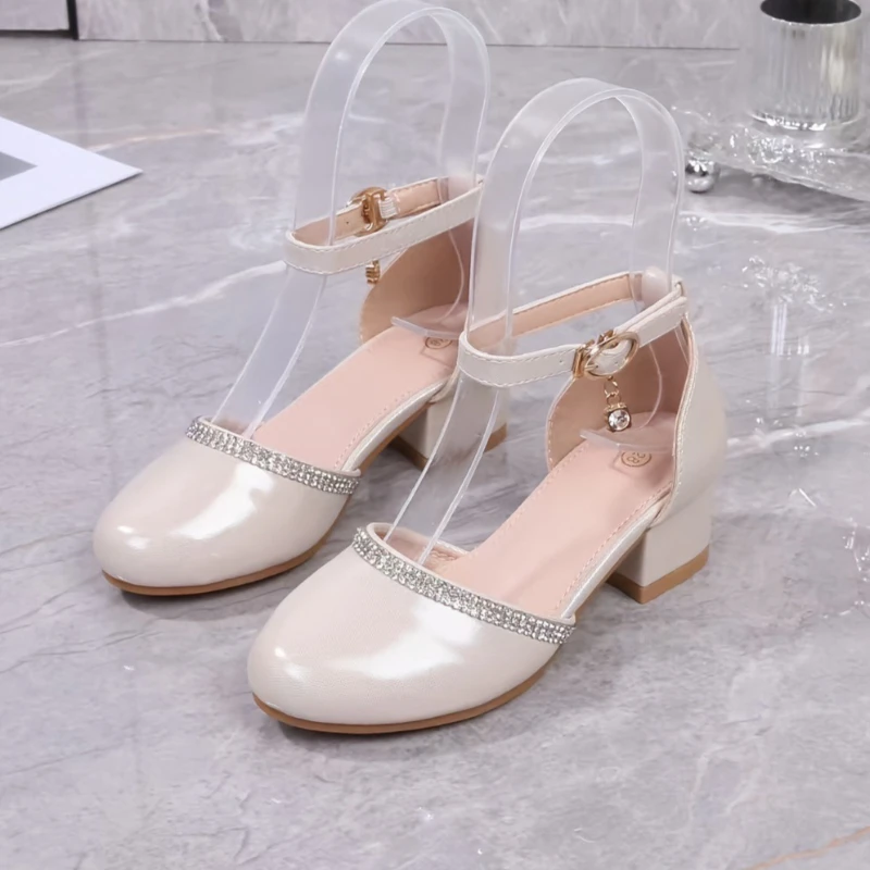 Rhinestone Kids High Heels Round Toe Girls Princess Shoes Leather Casual Soft Sole Comfortable Footwear for Dance Performance