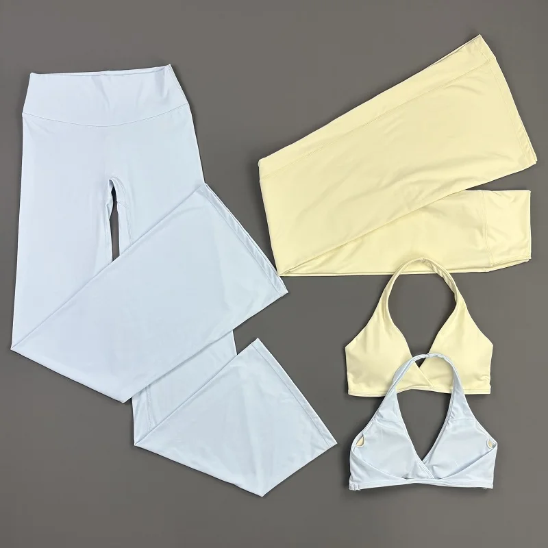 2-teiliges Origin Flares Hosen-Set: Neckholder-Sport-BH mit V-Ausschnitt, hochelastische, atmungsaktive Yoga-Schlaghose, Fitness-, Lauf- und Trainings-Set – Detail 6