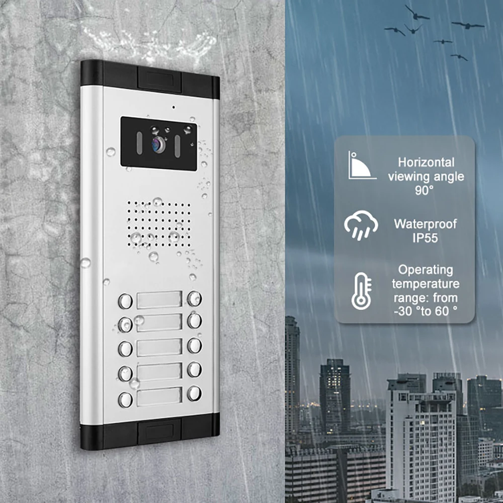 4-Wire Video Intercom System Outdoor Unit with 2-12 Households Aluminum Alloy Doorbell 960P IP55 waterproof 90° View Angle