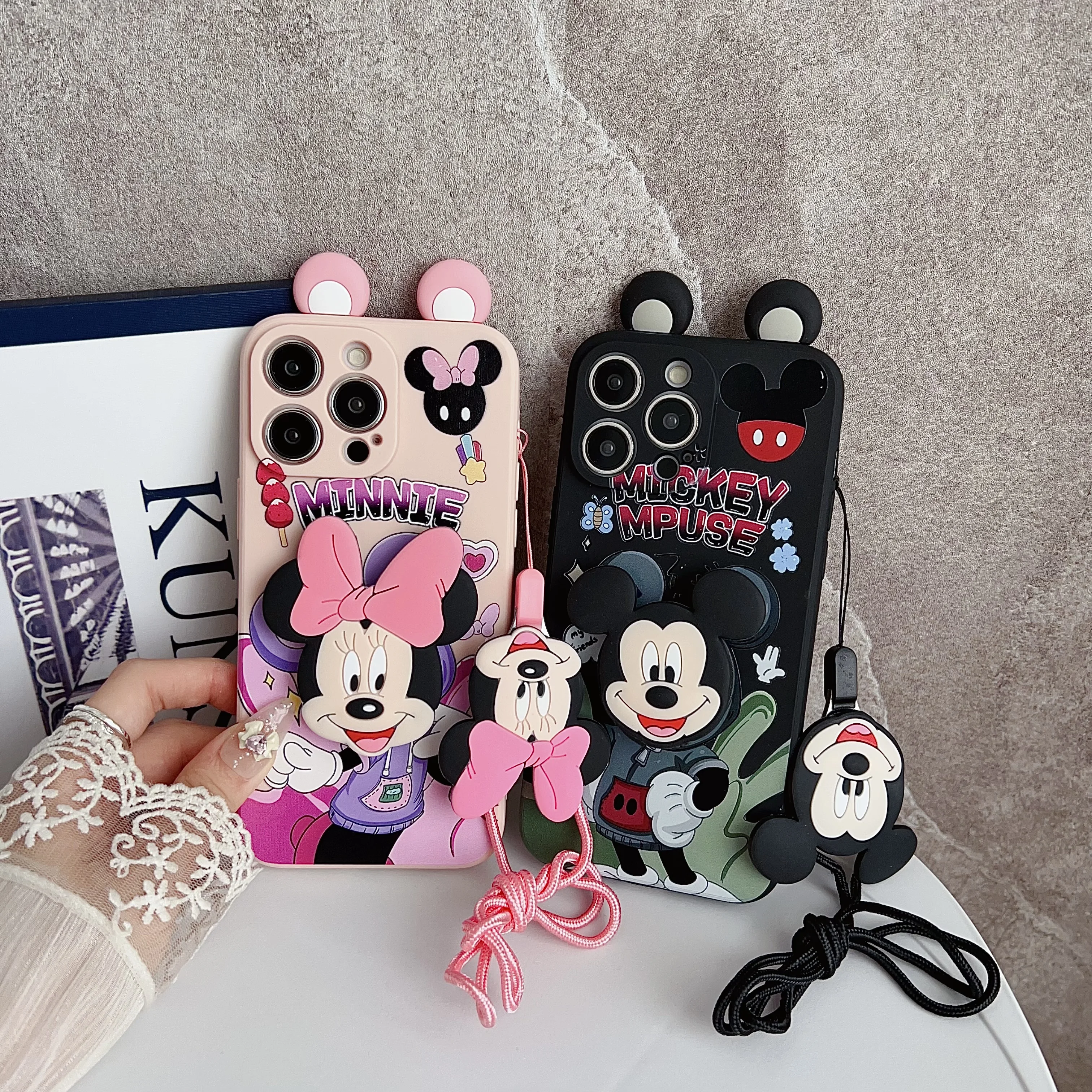 For Xiaomi Redmi 10 10A 12 10C 12C 13C Note 7 8 9 9s 10 11 12 13 Pro Minnie Ears Case With Holder Rope