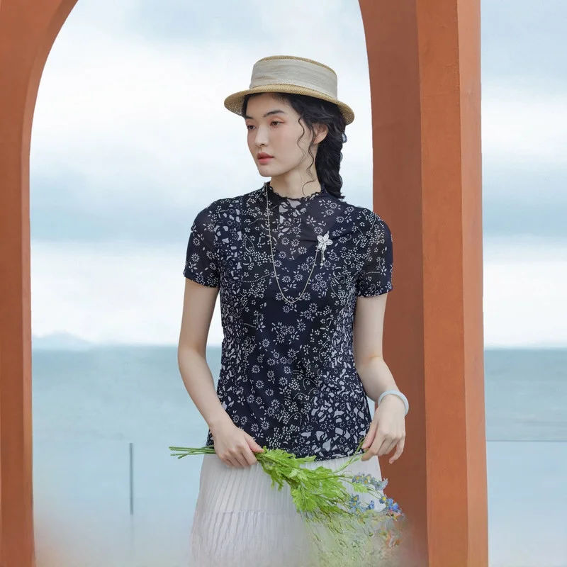 

New Women's High Ne ort Sve T-irt Knitted Print Top Vintage Sle Floral Pattern Slim Fit Nylon Fabric Regular Sve