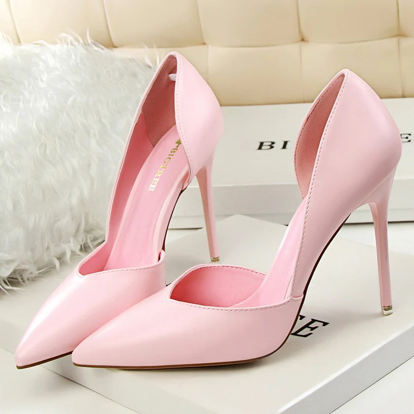 Women 10.5cm High Heels Leather Pumps Escarpins Elegant Sweet Yellow Pink Stiletto Wedding Heels Lady Quality Cheap Party Shoes