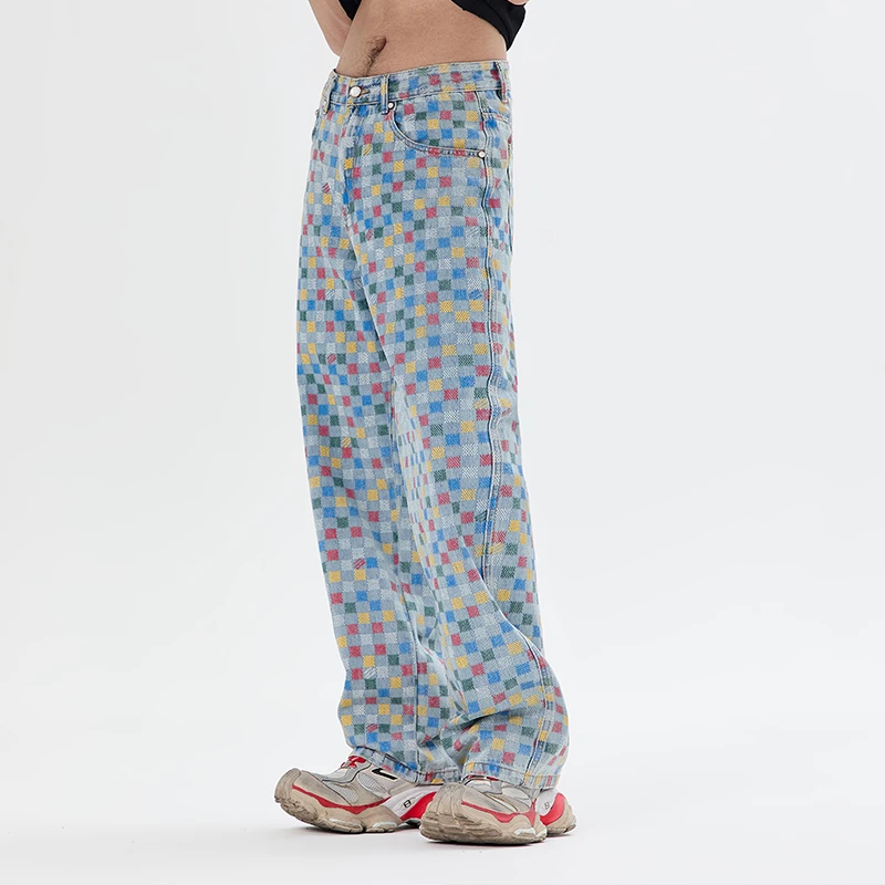 Colorful Checkered Jeans Men Streetwear Fashion Hip Hop Loose Casual Wide Leg Straight Denim Baggy Jeans Pants Trousers