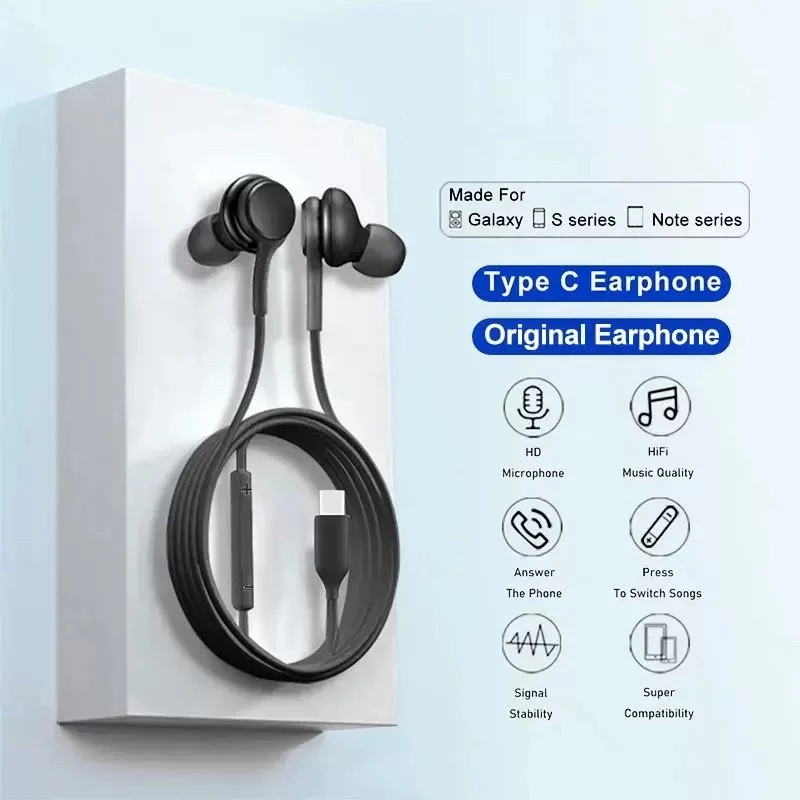 Type C Wired Earphone For Samsung Galaxy S23 S21 S22 Ultra Plus 3.5 mm Earbuds Headphones A54 A34 A53 Accessories