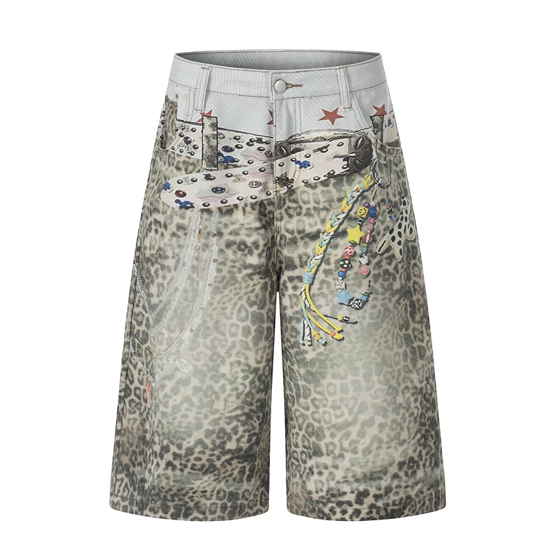 

GXFortune American 3D Printed Wide Leg Jeans Men's Women's Design Sense Leopard Print Straight Leg Mid-Pant Summer Jeans