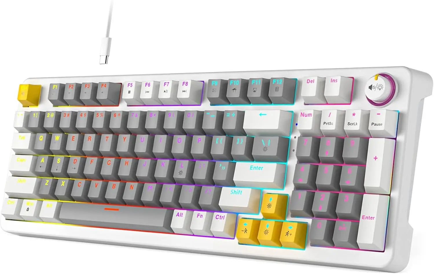 

AK96 Mechanical Gaming Keyboard, 96 Keys, RGB Backlit, Clicky Switch, USB Wired, Volume Knob, Grey
